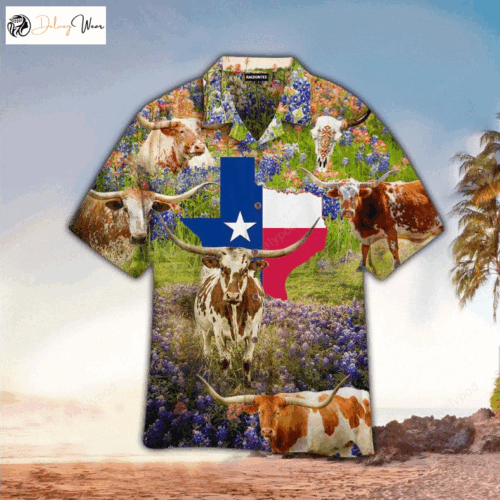 Texas Cow In Bluebonnet Field Hawaiian Shirt – Authentic Aloha Shirt for Men