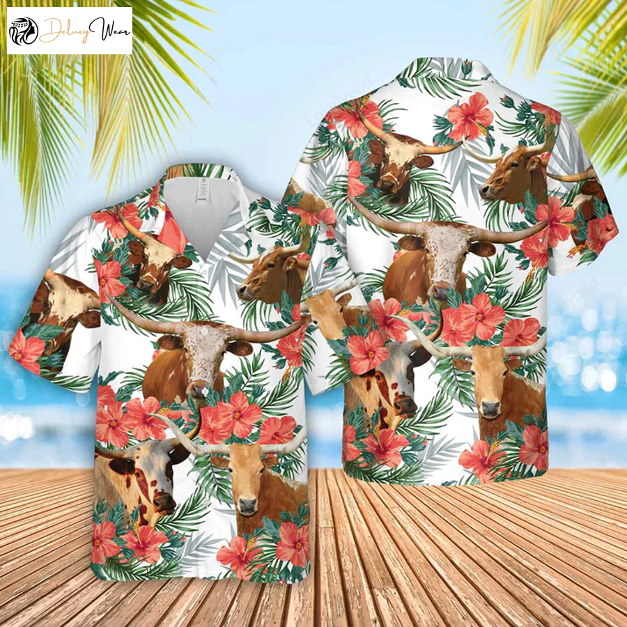 Texas Longhorn Cow Hawaiian Shirt – Farm Clothing Gift for Men & Women