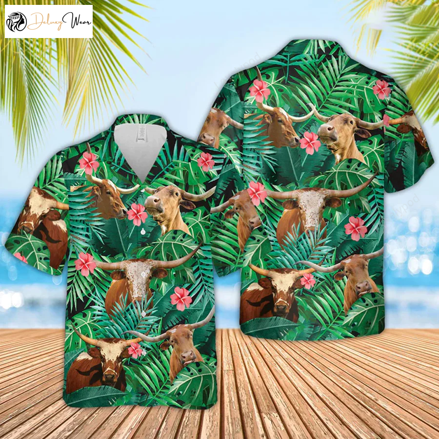 Texas Longhorn Cow Hawaiian Shirt – Farmer & Funny Tropical Gift for Him