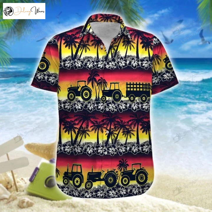 3D Printed Tractor White Hawaiian Shirt: Short-Sleeve for Men & Women