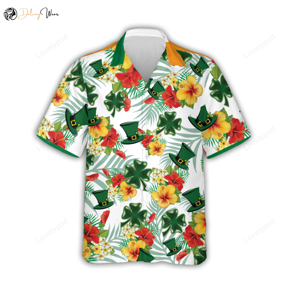 St Patrick s Day Hawaiian Shirt: Tropical Hibiscus with Irish Shamrock – 3D Design