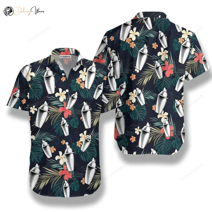 Tropical Pattern Hawaiian Shirt with Hibiscus & Leaf Design – Perfect for Bartenders