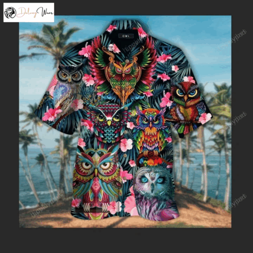Tropical Pink Flower Hawaiian Shirt with Colorful Owl Design – Vibrant & Stylish