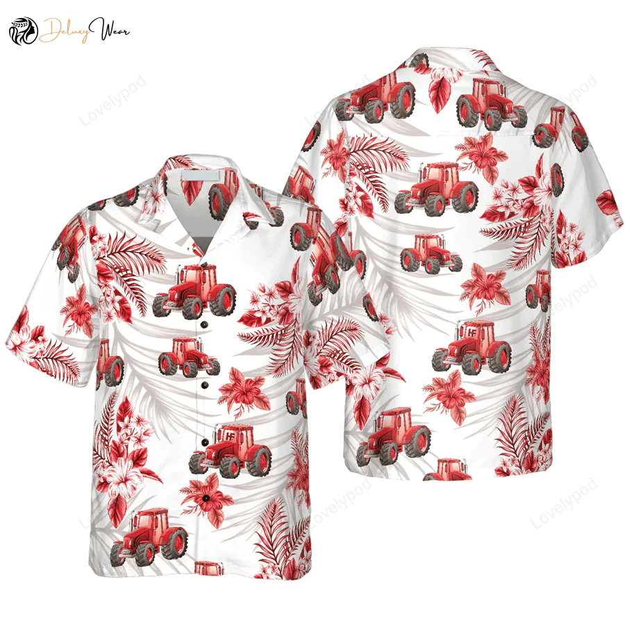 Tropical Red Tractor Hawaiian Shirt: Fun Tractor Gifts for Adults