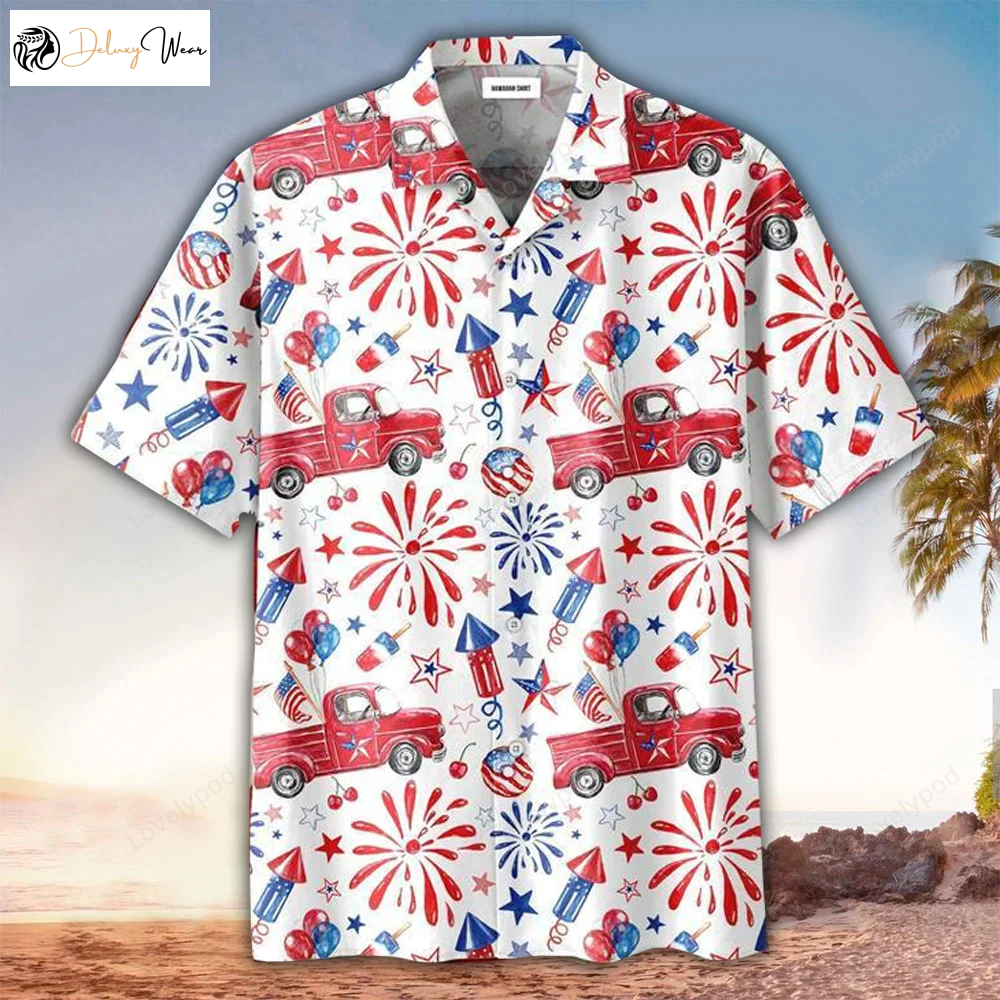Truck & Firework Hawaiian Shirt – 4th of July Button Down Aloha Shirt for Men & Women