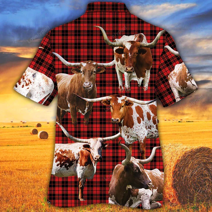 Stylish Tx Longhorn Cattle Lovers Red Tartan Hawaiian Shirt – Perfect Cow Aloha Gift