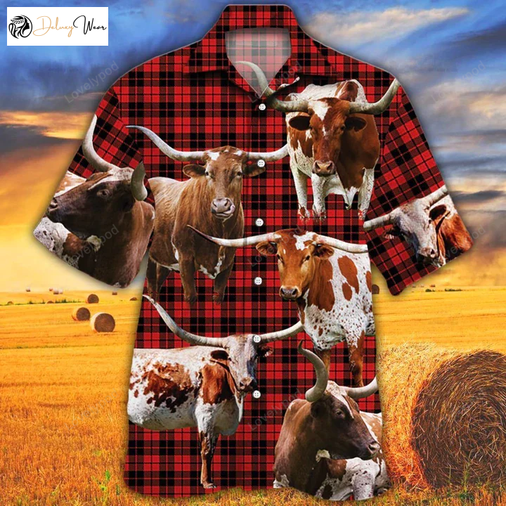 Stylish Tx Longhorn Cattle Lovers Red Tartan Hawaiian Shirt – Perfect Cow Aloha Gift