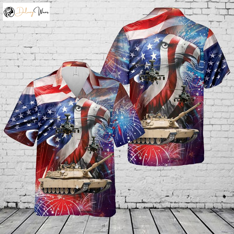 Patriotic U S Army M1 Abrams Tank & AH-64 Attack Helicopter Hawaiian Shirt – 4th Of July Men s Patriotic Attire
