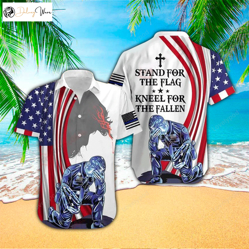 Patriotic U S Police Officer Hawaiian Shirt: Stand for the Flag Kneel for the Fallen