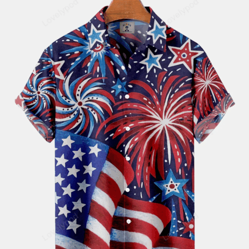 Vintage American Flag Fireworks Pocket Short Sleeve Shirt – 4th Of July Hawaiian Shirt for Men