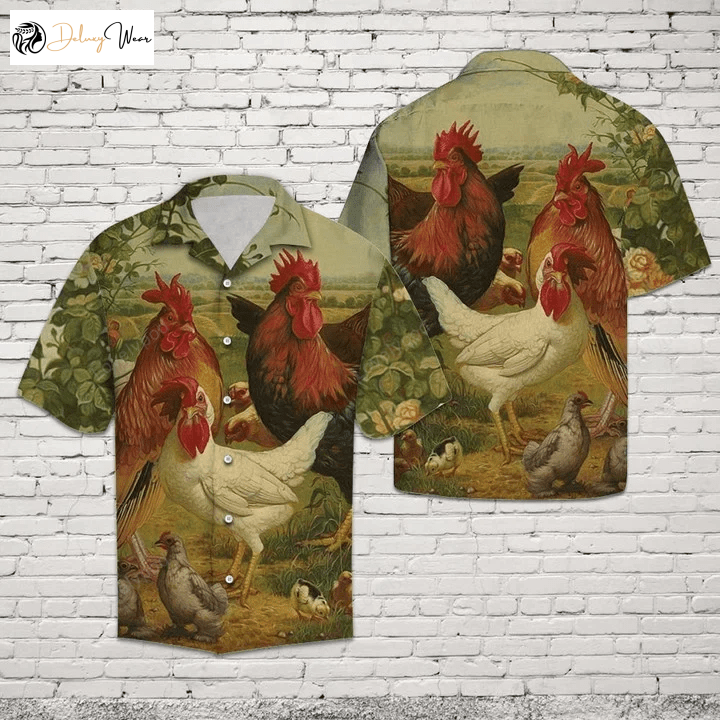 Vintage Style Chicken Farm Hawaiian Shirt – Happy Animal Art for a Unique Look