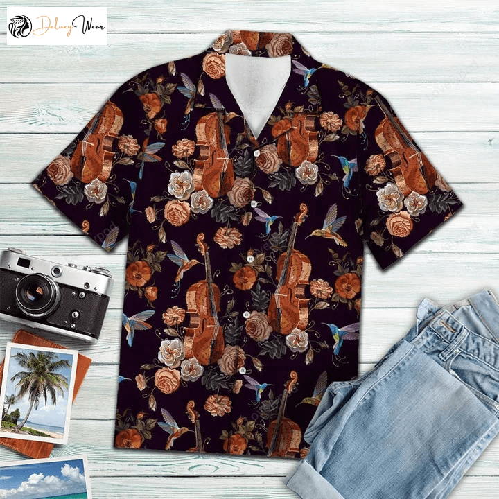 Vintage Style Violin & Hummingbird Blossom Hawaiian Shirt – Unique & Stylish Music Lover Apparel