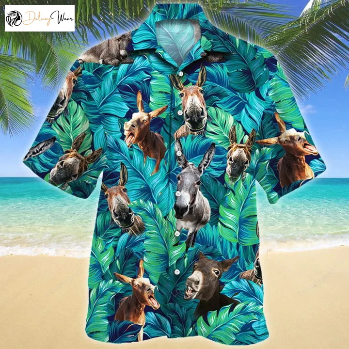 Vibrant Watercolor Tropical Leaf Jungle Donkey Hawaiian Shirt for Nature Lovers