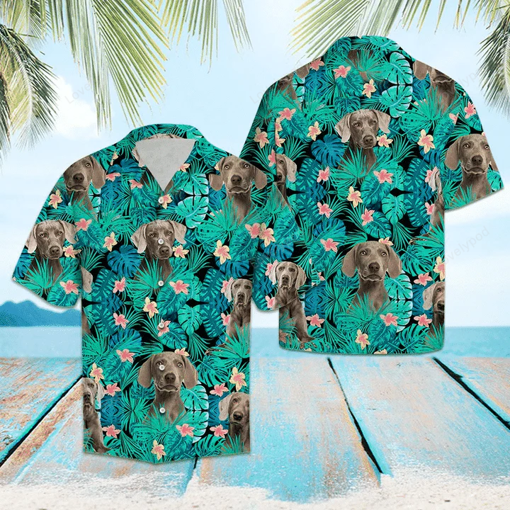 Stylish Weimaraner Hawaiian Shirt: Tropical Flower Pattern in Turquoise Trendy Theme Shirt