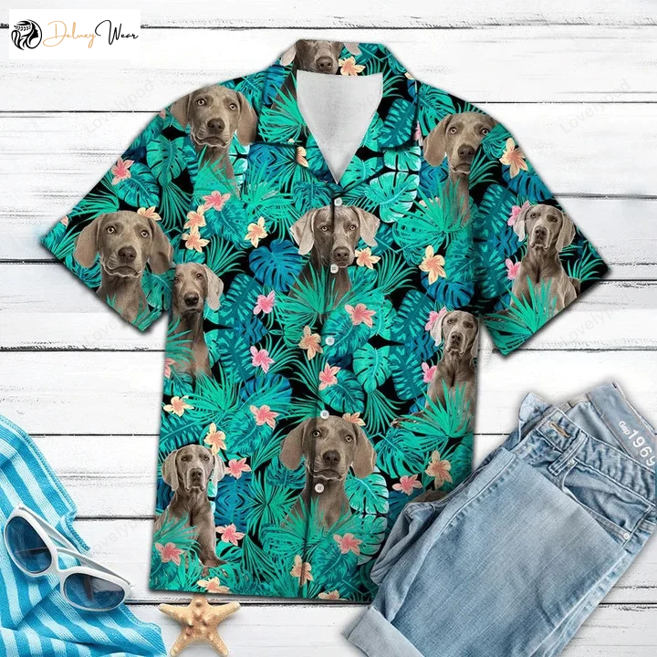 Stylish Weimaraner Hawaiian Shirt: Tropical Flower Pattern in Turquoise Trendy Theme Shirt