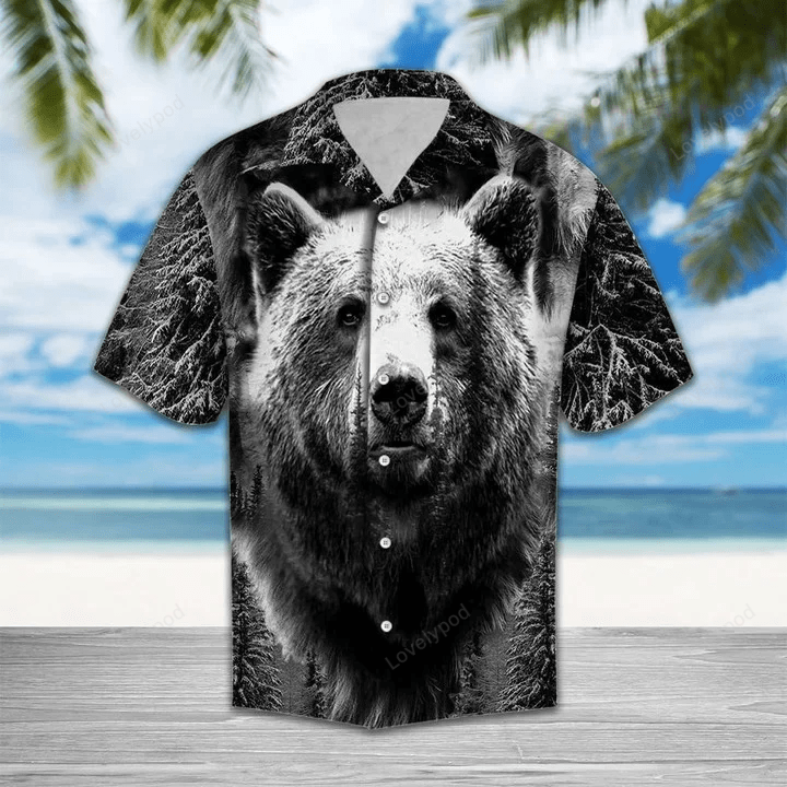 Wild Bear Black & White Hawaiian Shirt – Men s Short Sleeve Aloha Design