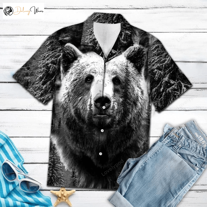 Wild Bear Black & White Hawaiian Shirt – Men s Short Sleeve Aloha Design