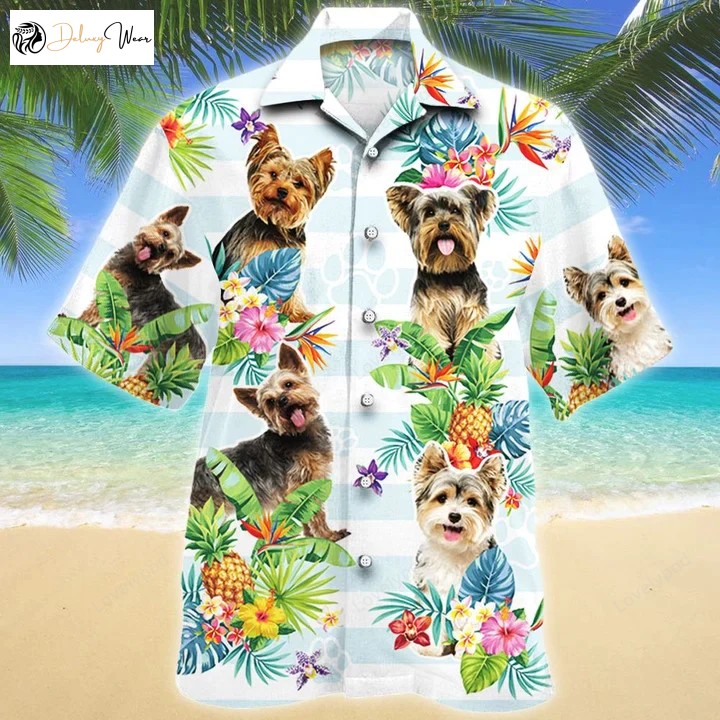 Stylish Yorkshire Terrier Hawaiian Shirt with Tropical Flower Pattern