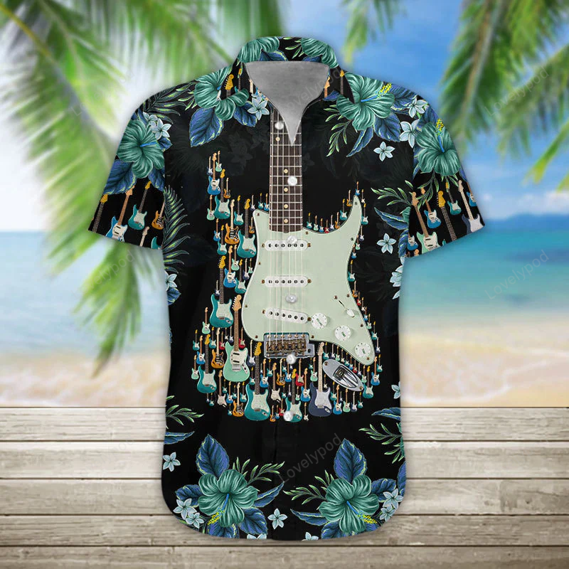 3D Acoustic Guitar Hawaii Shirt – Casual Short Sleeve Men s Guitar Hawaiian Shirts