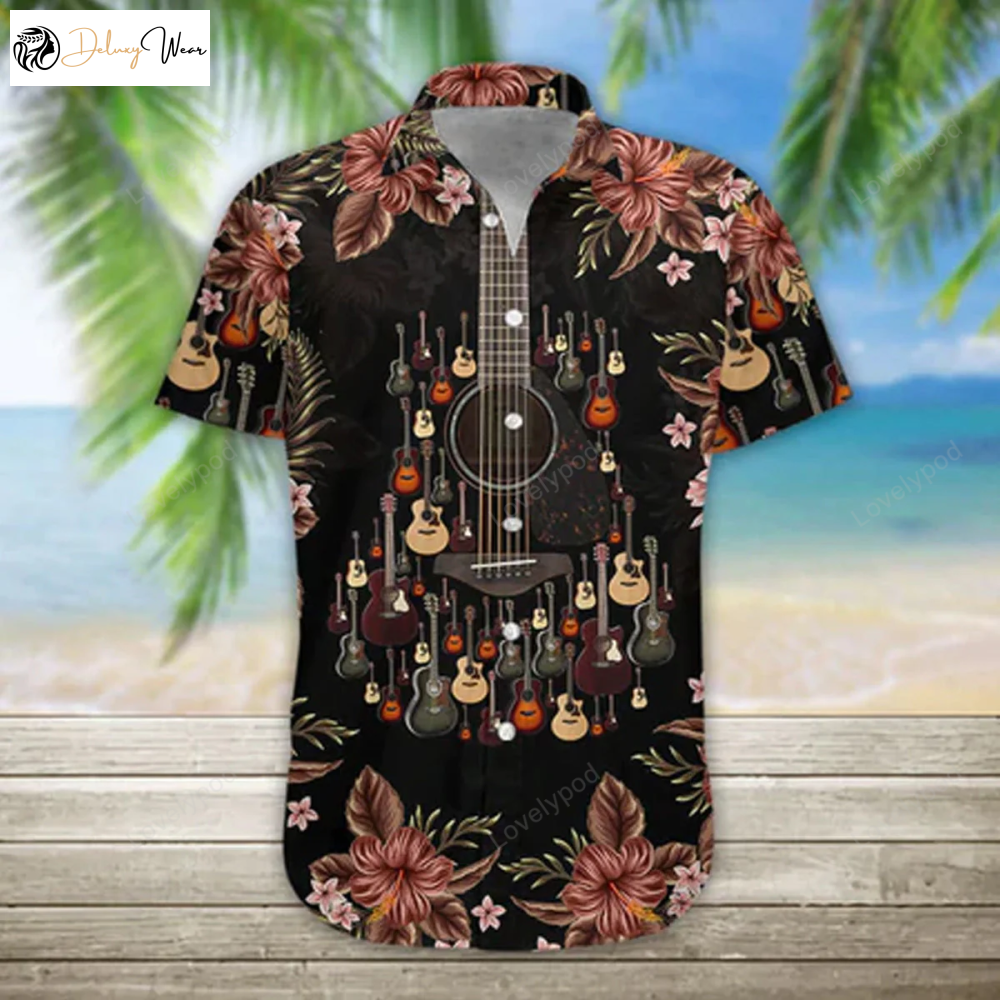 3D Acoustic Guitar Hawaii Shirt - Casual Short Sleeve Men s Guitar Hawaiian Shirts