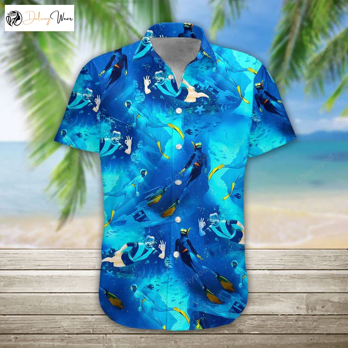 3D Freediving Hawaii Shirt: Men s Short Sleeve Aloha Beach Hawaiian Shirt