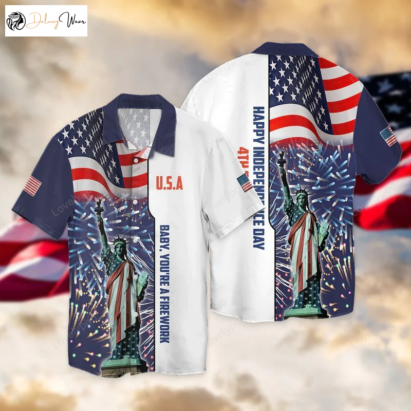 4th of July Hawaiian Shirt: American Flag & Statue of Liberty Design