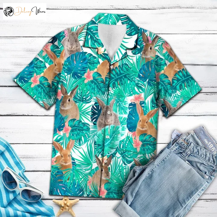 Adorable Rabbit Tropical Hawaiian Shirt – Lively Palm Leaves Summer Aloha for Men & Women