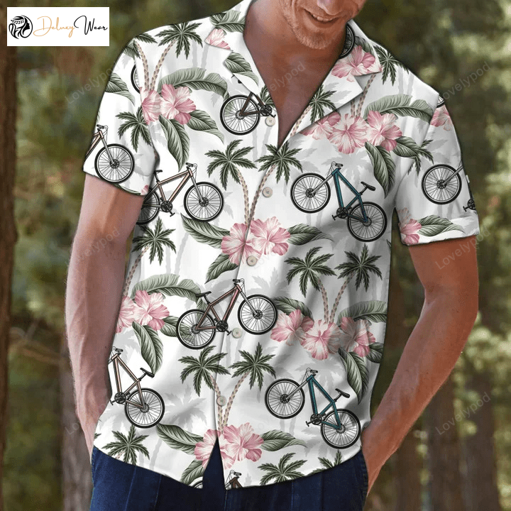 Aloha Pink Flower and Bike Gift Hawaiian Shirt for Biking Lovers Summer Aloha Hawaii Shirt for Men & Women