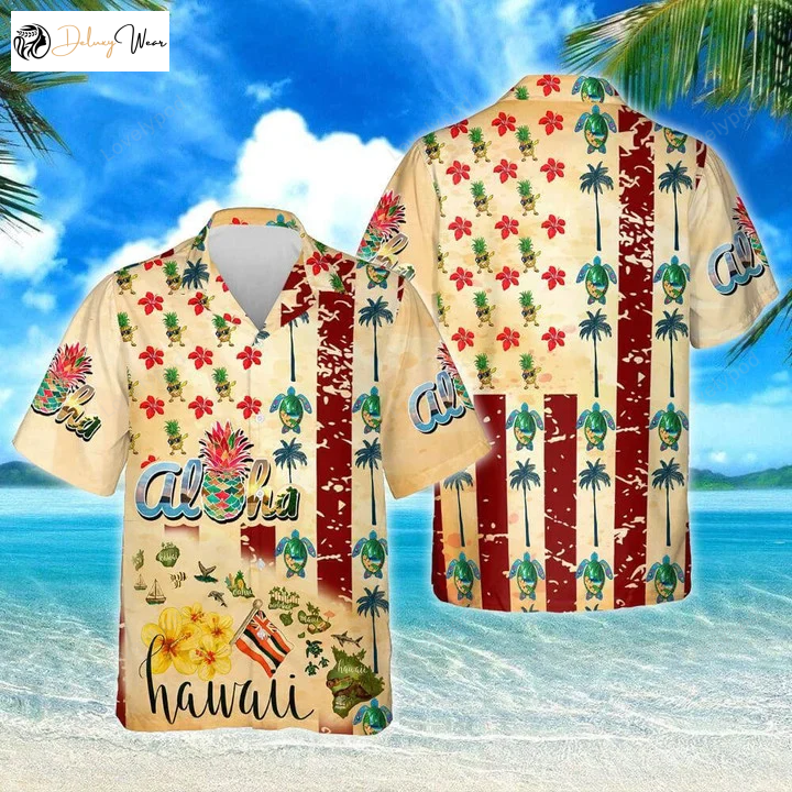 Stylish Aloha Summer Vibes Hawaiian Shirt Flowers & Leaves on Beige Background