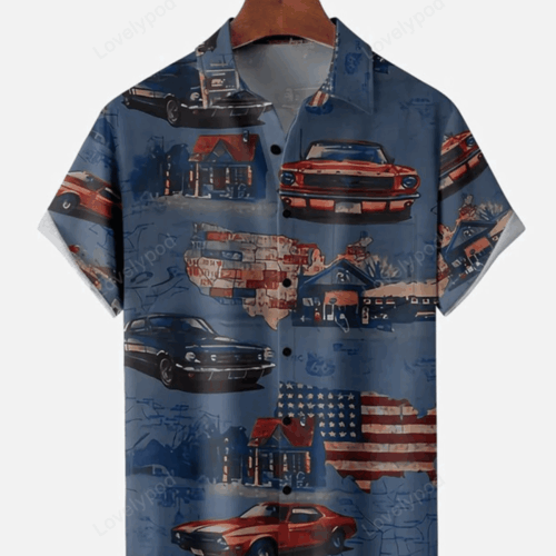 Shop Stylish American Flag Car Chest Pocket Men s Hawaiian Shirt Gift for Men Dad Fathers