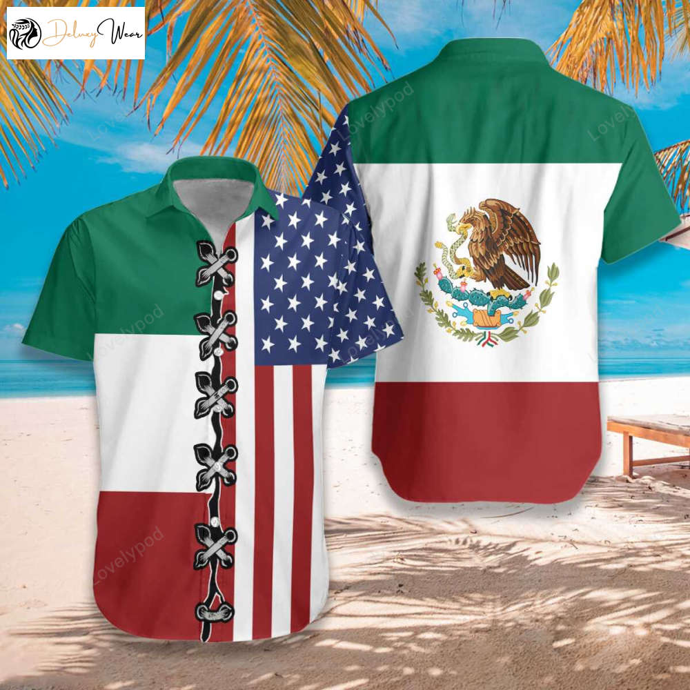 American Flag Mexico Flag Hawaiian Shirt – Patriotic Aloha Shirt for Men & Women Perfect Gift for Husband Wife