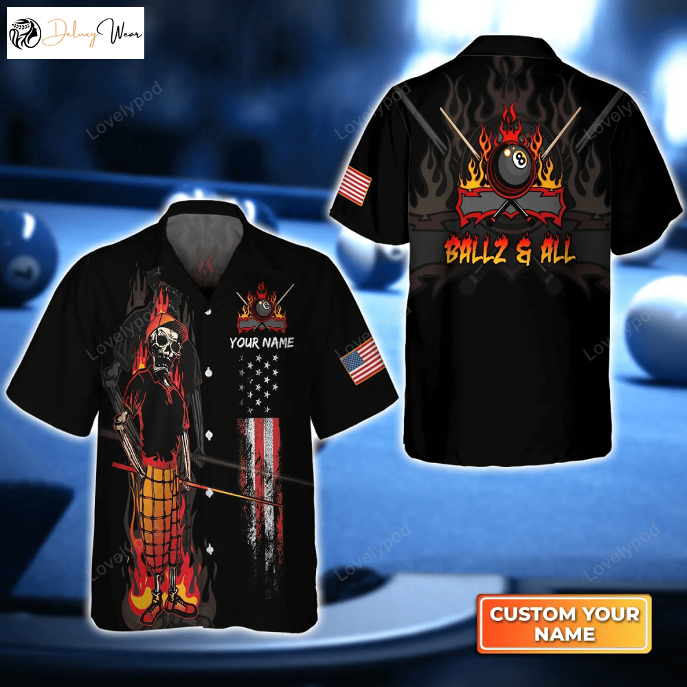 BALLZ & ALL Team Bones 8 Ball American Flag Billiards Personalized Name 3D Hawaiian Shirt – Perfect Gift for Billiard Players!