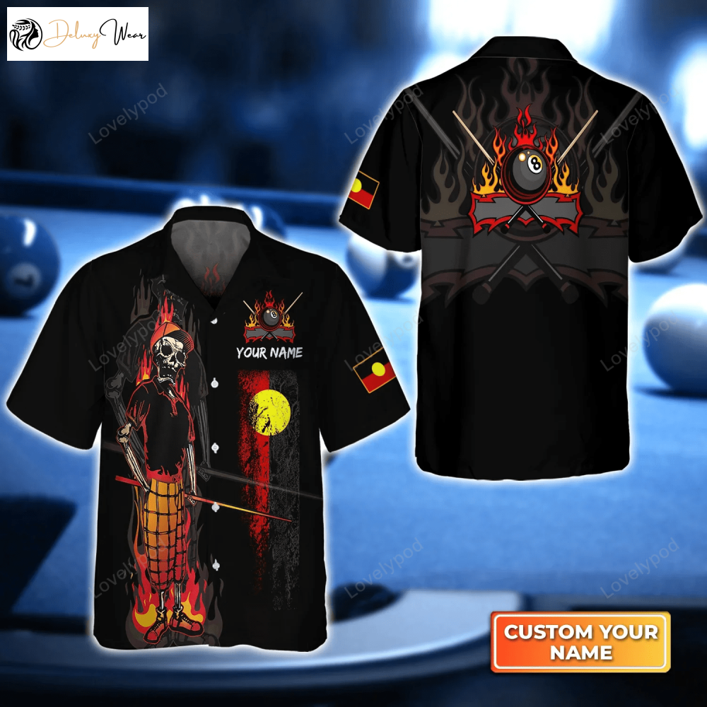 Bones 8 Ball Aboriginal Flag Billiards 3D Hawaiian Shirt – Perfect Gift & Team Uniform for Billiard Players