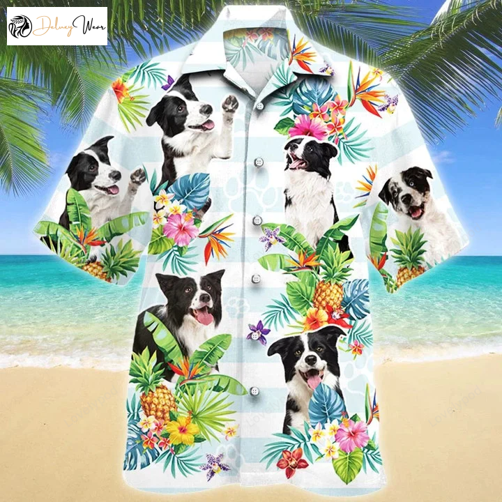 Stylish Border Collie Hawaiian Shirt: Tropical Flower Beach Palm Tree Design