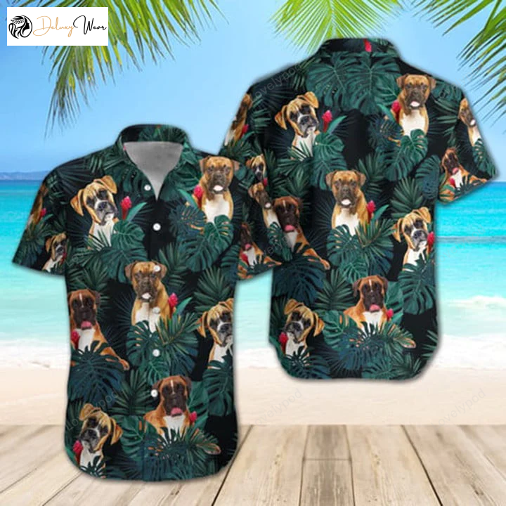 Boxer Dogs Tropical Shirt: Women s Hawaiian Short Sleeve Casual Full Print – Slim Fit Regular Fit