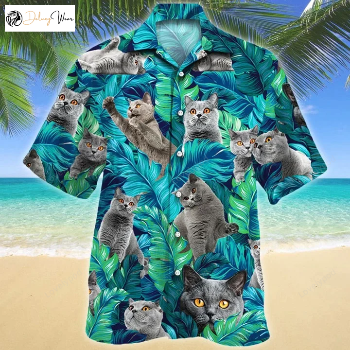 British Shorthair Cat Lovers Gift: Cat Summer Beach Palm Tree Hawaiian Shirt