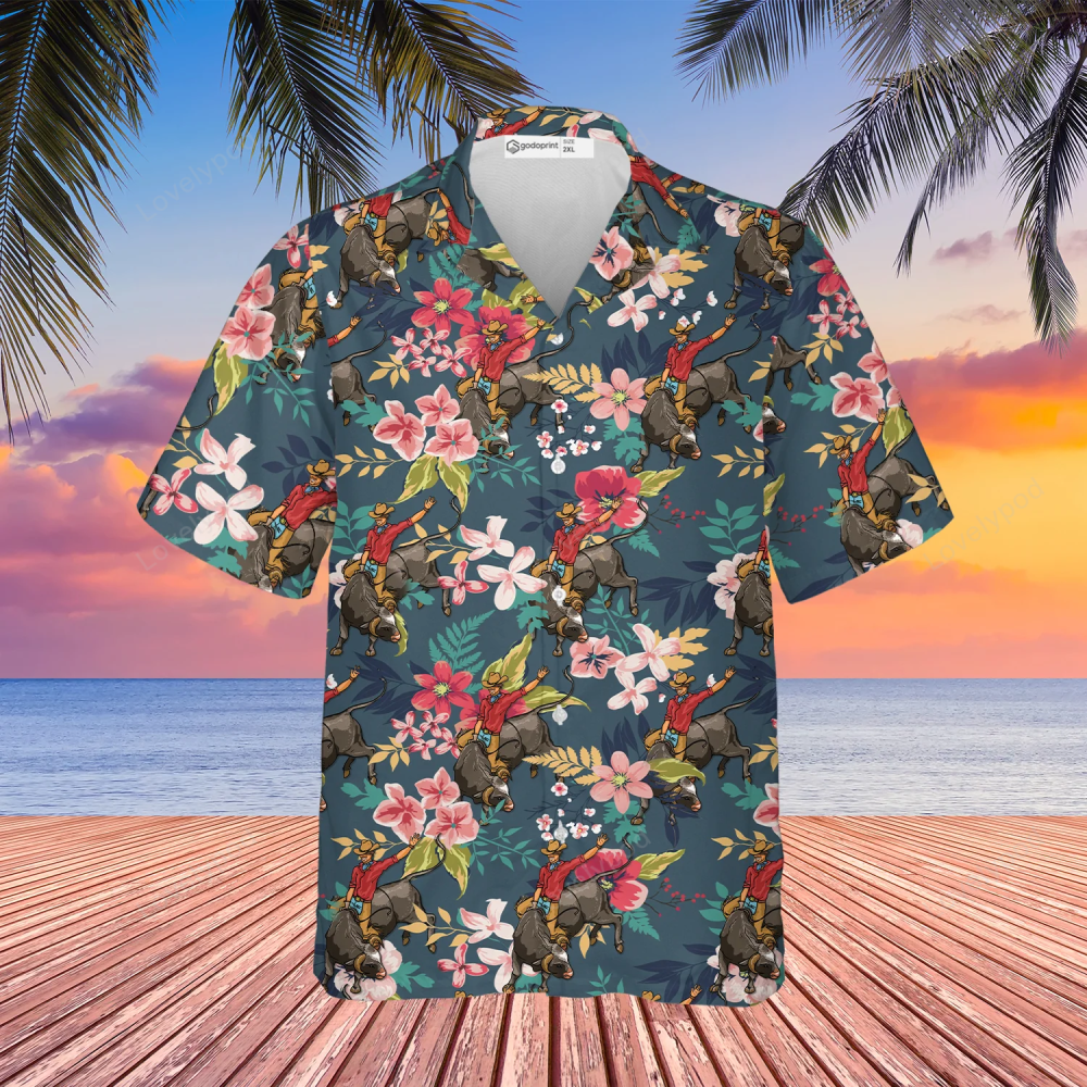 Bull Riding Hawaiian Shirt for Men: Short Sleeve Button Down Beach Dress Shirts