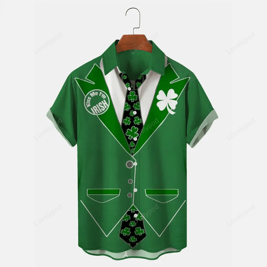 St Patrick s Clover Hawaiian Men s Shirt: Casual Stripe Panel Short Sleeves
