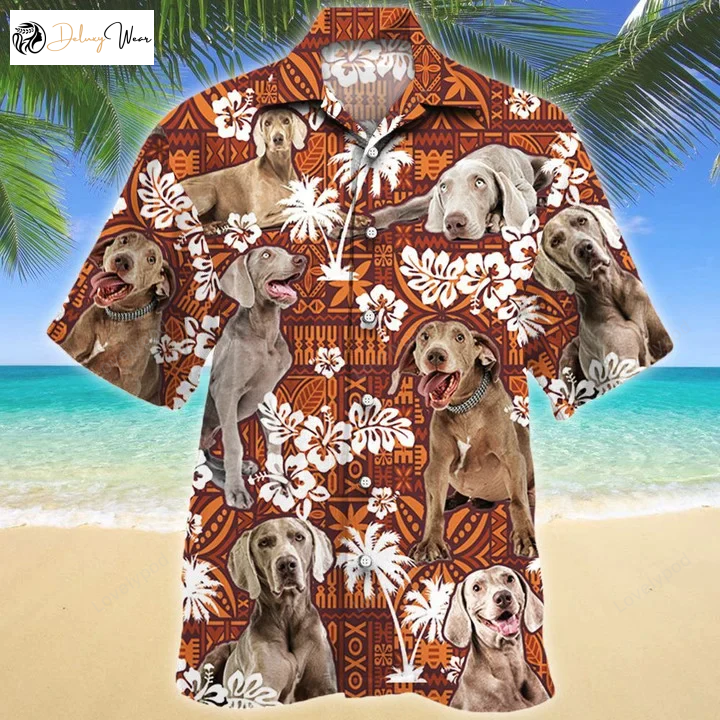 Clever Weimaraner Dog Lovers Hawaiian Shirt with Red Tribal Pattern – Tropical Design
