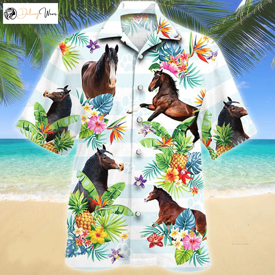 Clydesdale Horse 3D Hawaiian Shirt – Perfect Gift for Horse Lovers Tropical Flower Design – Horse Lovers Hawaii Shirt