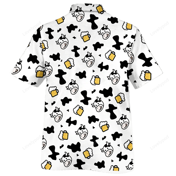 Cow Skin Pattern Hawaiian Shirt – Black and White Theme with Beer Cow Design