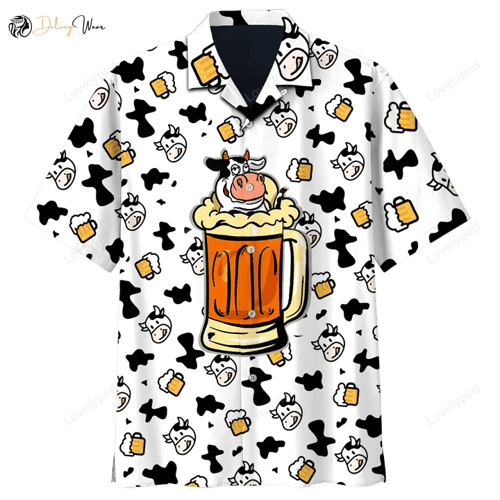 Cow Skin Pattern Hawaiian Shirt – Black and White Theme with Beer Cow Design