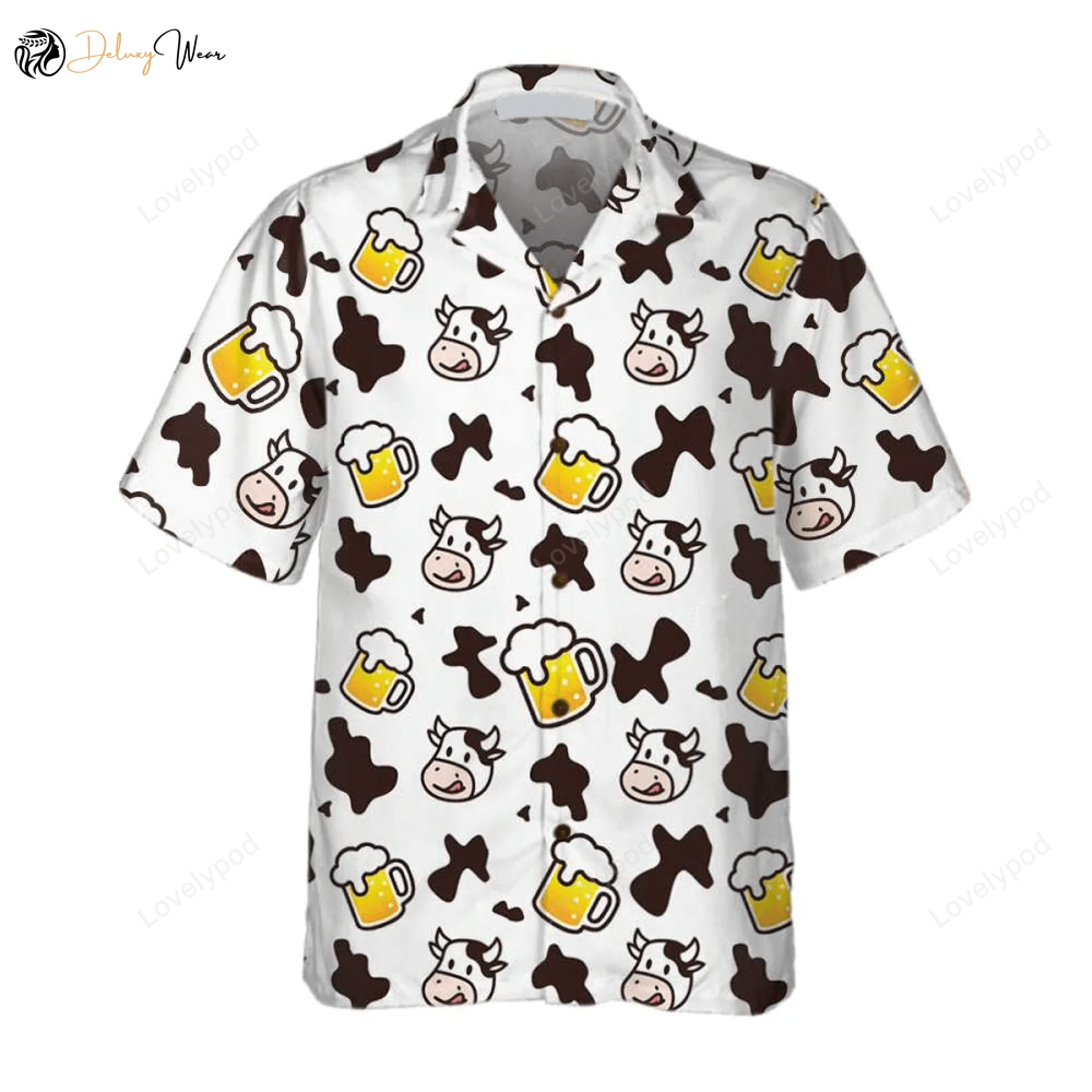 Stylish Cow and Beer Mug 3D Hawaiian Shirt – Perfect Summer Gift for Men and Women