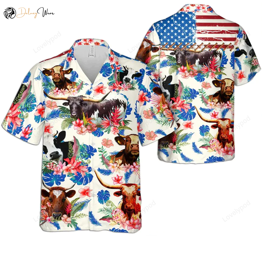Custom American Cattle All Printed 3D Hawaiian Shirt – Summer Gifts for Men & Women