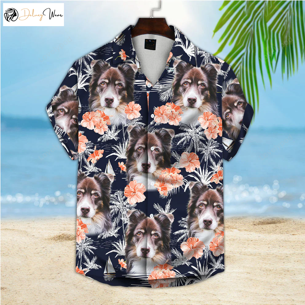 Custom Hawaiian Shirt: Pet Face Gift for Pet Lovers – Orange Flower Coconut Palm Trees Sailboat – Dark Navy Aloha Shirt