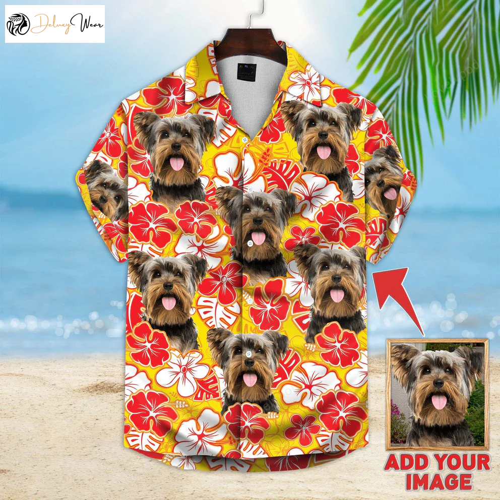 Custom Hawaiian Shirt with Pet Face: Personalized Gift for Pet Lovers – Yellow Aloha Shirt with Leaves & Flowers