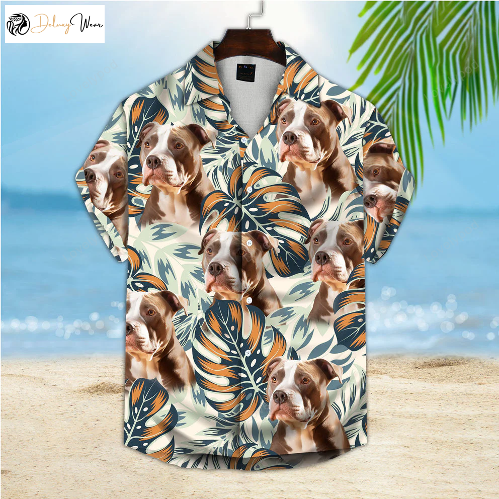 Custom Hawaiian Shirt with Pet Face – Personalized Gift for Pet Lovers Tropical Bright Plants and Leaves Beige Aloha