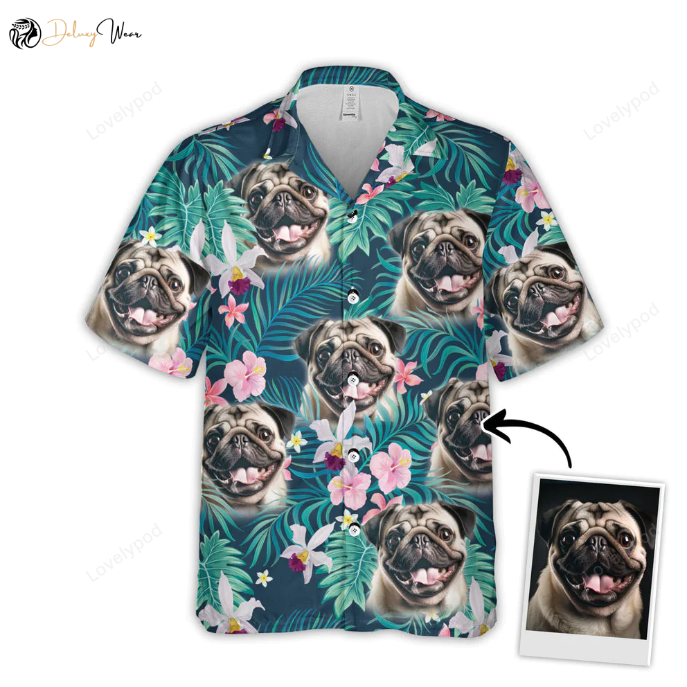 Personalized Hawaiian Shirt with Pet Face – Tropical Palm Leaves & Flower Aloha Shirt for Pet Lovers