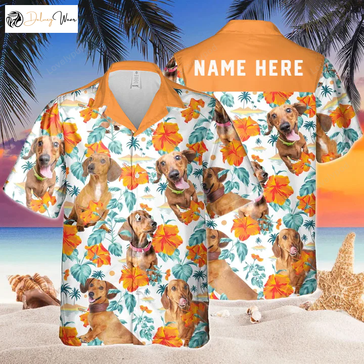 Personalized Dachshund Dog Hawaiian Shirt with 3D Printed Hibiscus – Custom Name Design