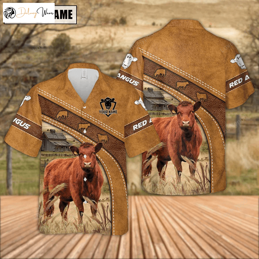 Custom Name Red Angus Cow Leather Pattern Hawaiian Shirt – Unique Farmer s Gift
